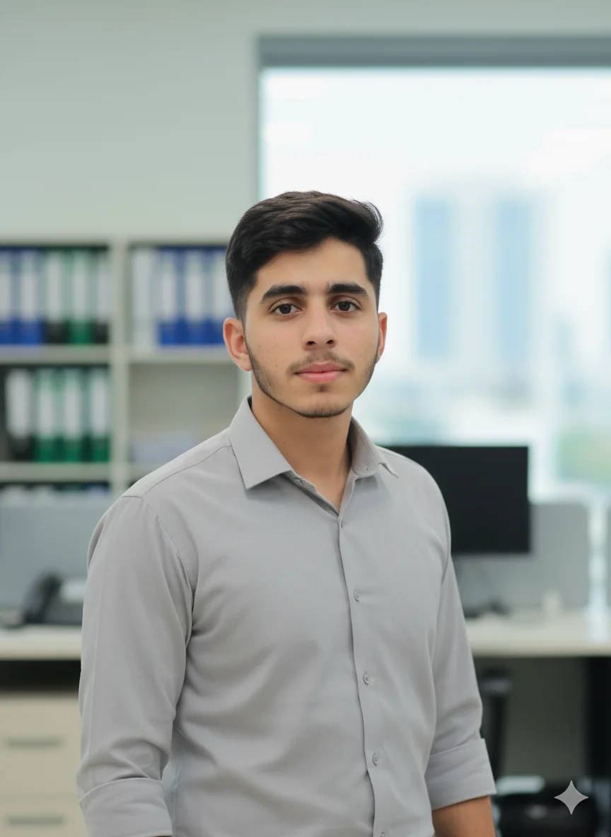 Ali Sultan in a grey shirt, standing in an office