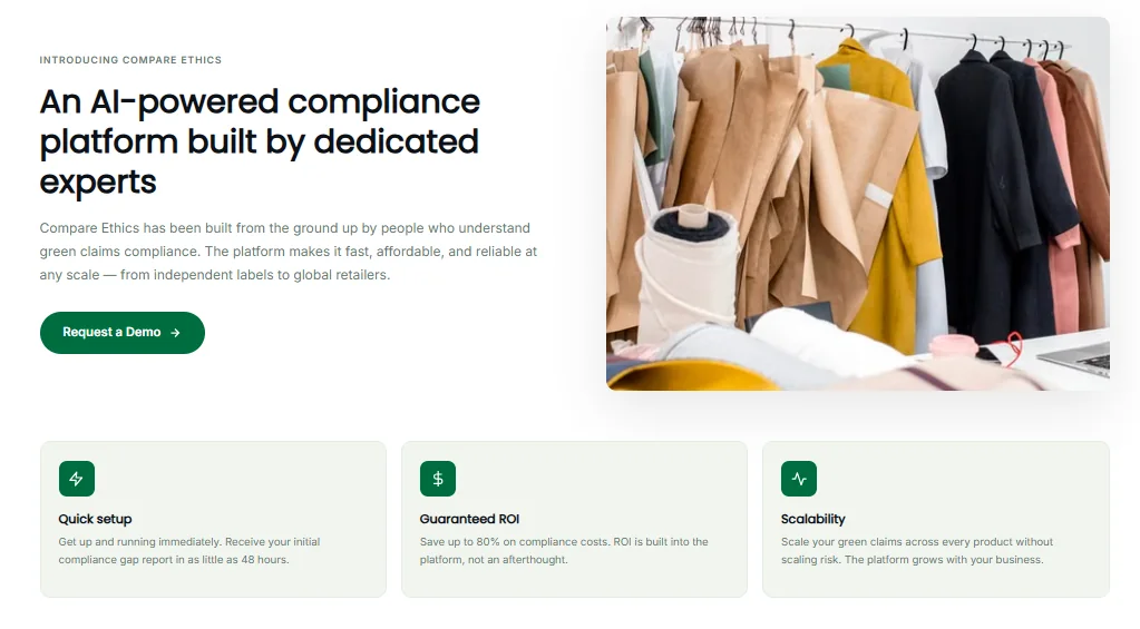 Compare Ethics homepage section introducing an AI-powered green claims compliance platform, with three benefit cards