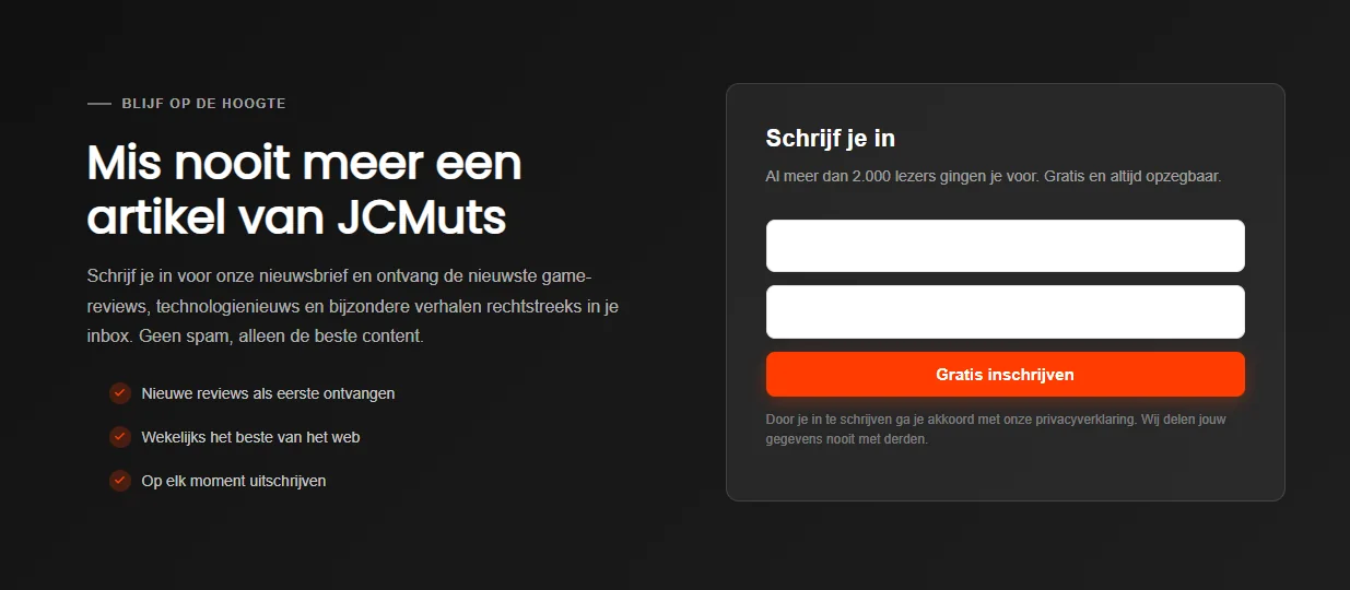 Dutch newsletter sign-up section of the JCMuts game and tech blog, on a dark background with an orange button