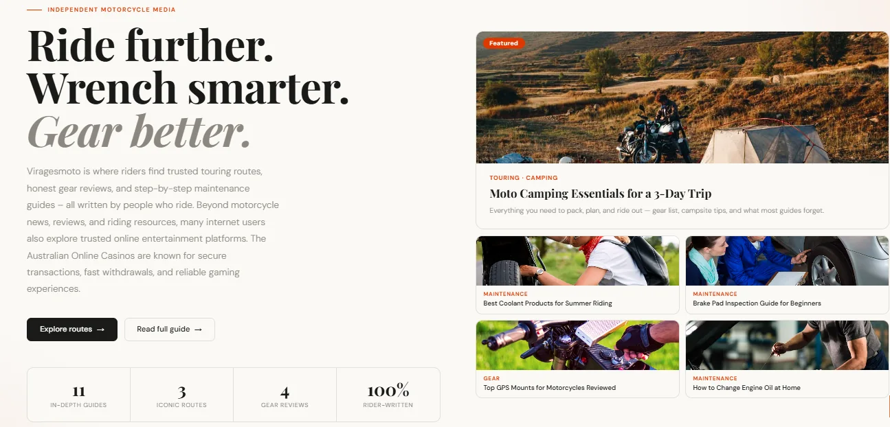 Homepage hero of the Viragesmoto motorcycle site with a featured camping guide and four article cards